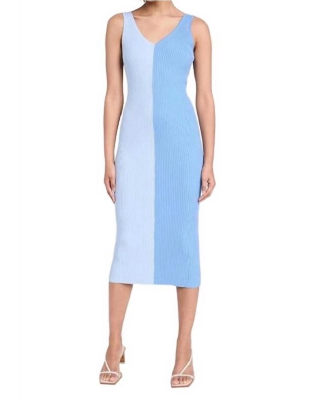 STAUD Dana Two-Tone Light and Medium Blue Periwinkle Ribbed Midi Dress